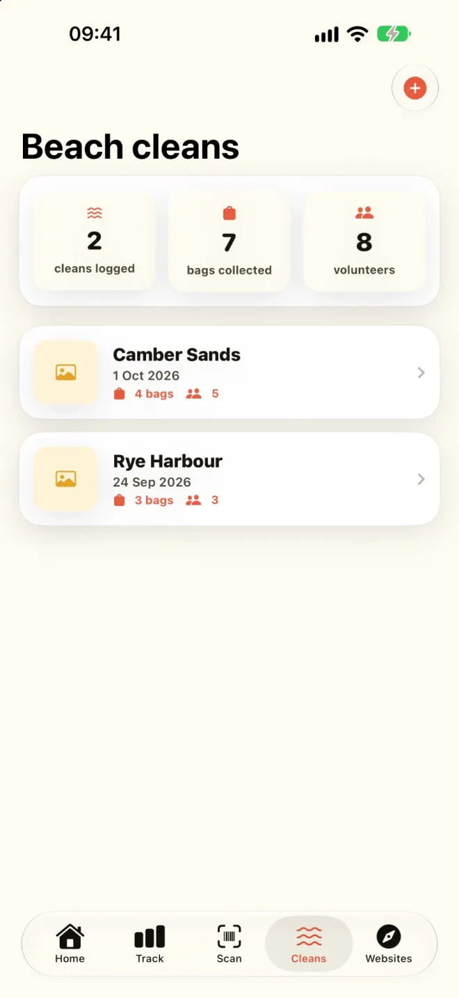 The Beach cleans screen: two logged cleans with totals for bags and volunteers.