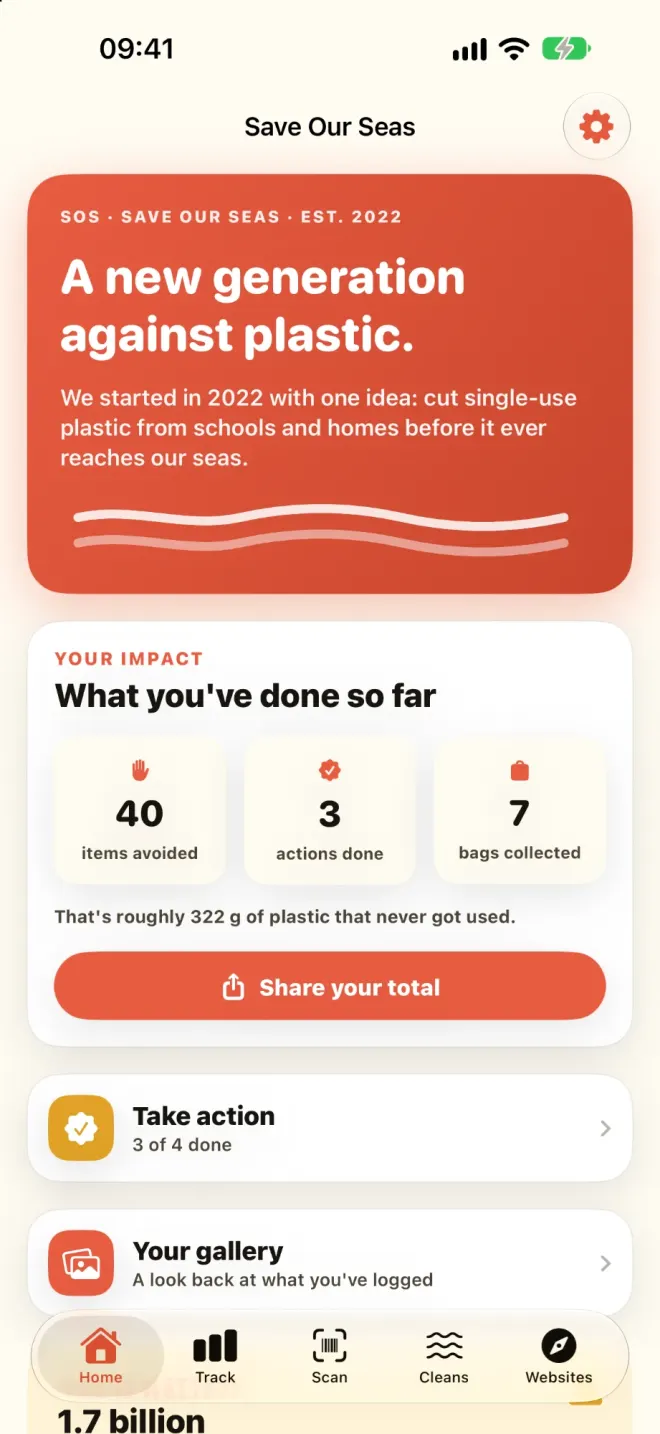 The app's Home screen: items avoided, actions done and bags collected, with Take action and the gallery below.