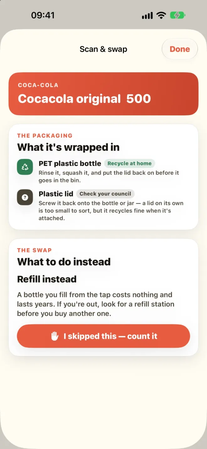 A scan result for a bottle of cola: a PET plastic bottle to recycle at home, a lid to screw back on, and the swap, refill instead.